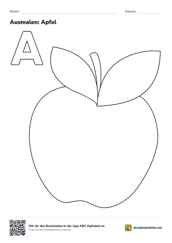 Ausmalbild zum Buchstaben A: Apfel