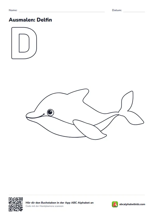 Ausmalbild zum Buchstaben D: Delfin