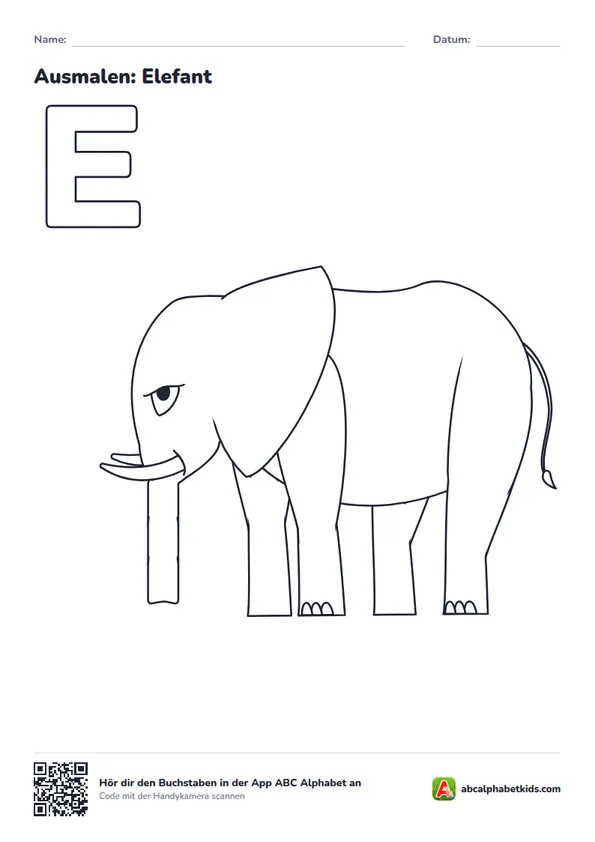 Ausmalbild zum Buchstaben E: Elefant