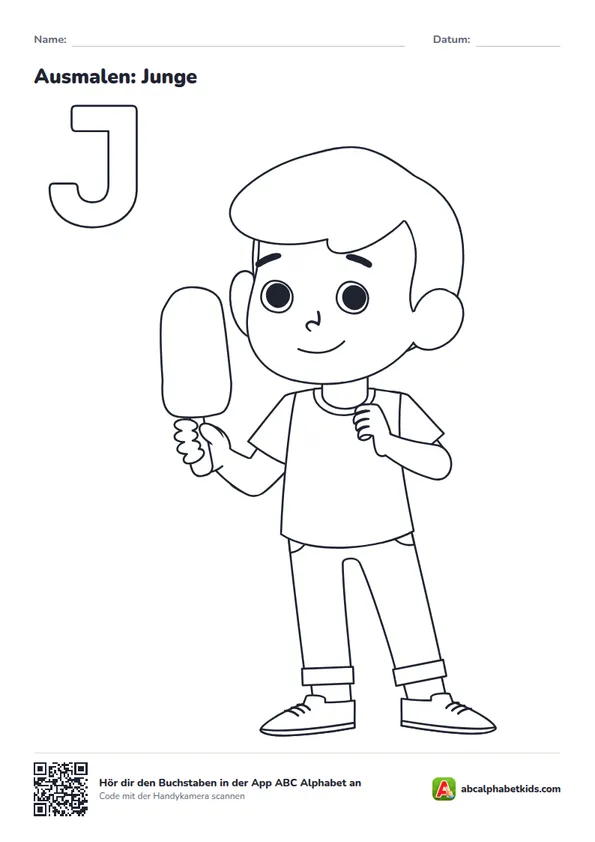 Ausmalbild zum Buchstaben J: Junge