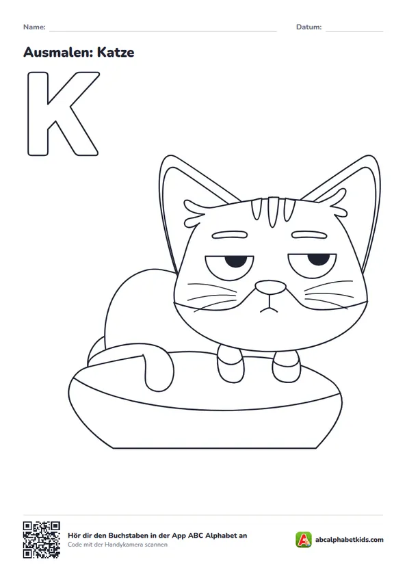 Ausmalbild zum Buchstaben K: Katze
