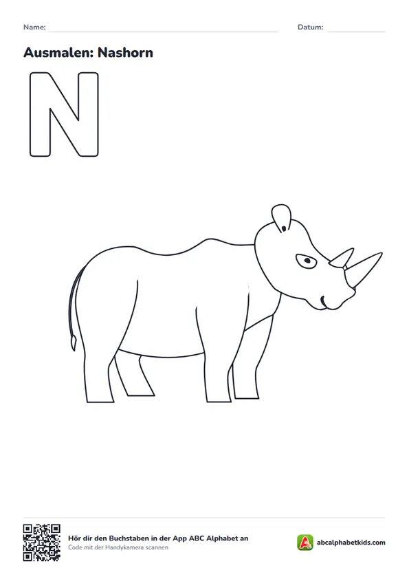 Ausmalbild zum Buchstaben N: Nashorn