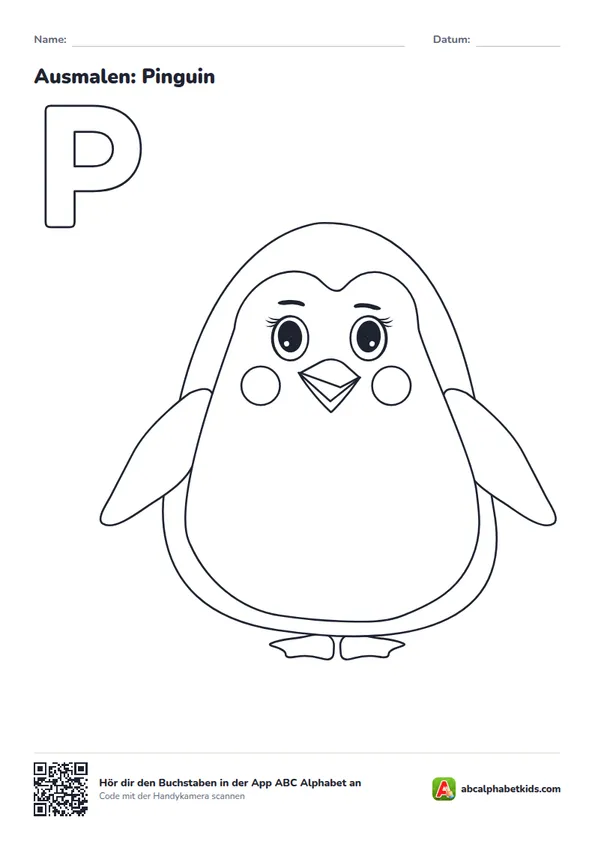Ausmalbild zum Buchstaben P: Pinguin