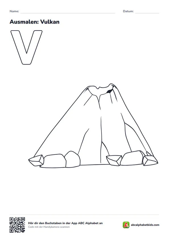 Ausmalbild zum Buchstaben V: Vulkan