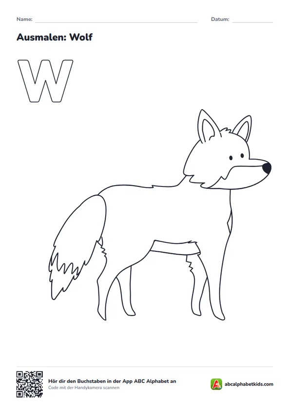Ausmalbild zum Buchstaben W: Wolf