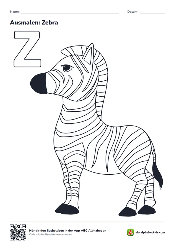 Ausmalbild zum Buchstaben Z: Zebra