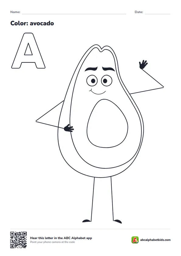 Letter A coloring page with an avocado