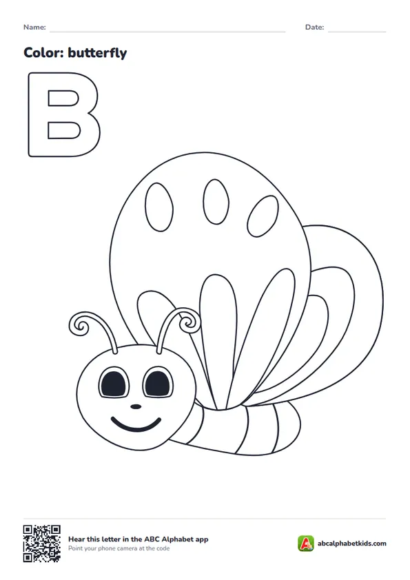 Letter B coloring page with a butterfly