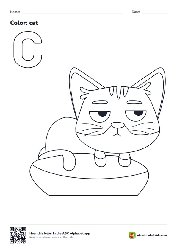 Letter C coloring page with a cat