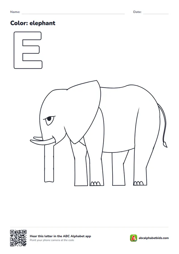 Letter E coloring page with an elephant