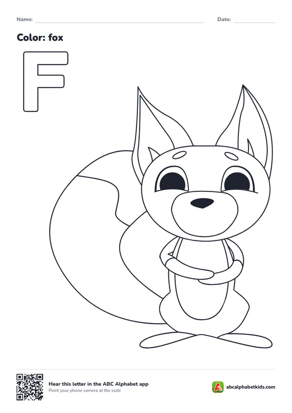 Letter F coloring page with a fox