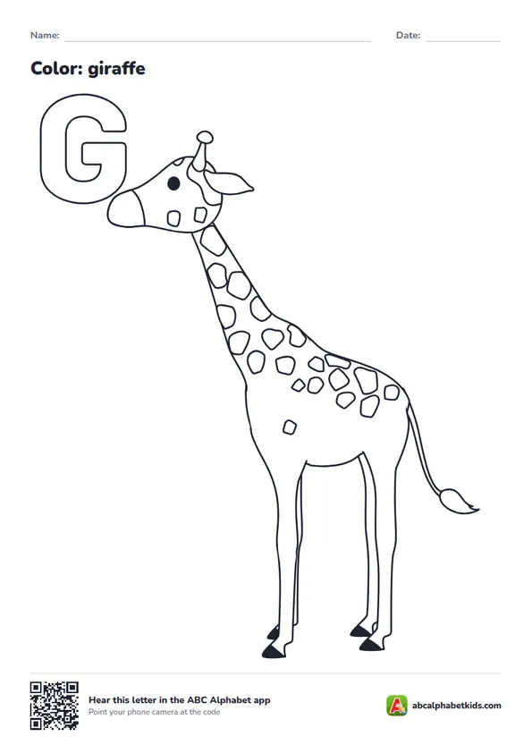 Letter G coloring page with a giraffe