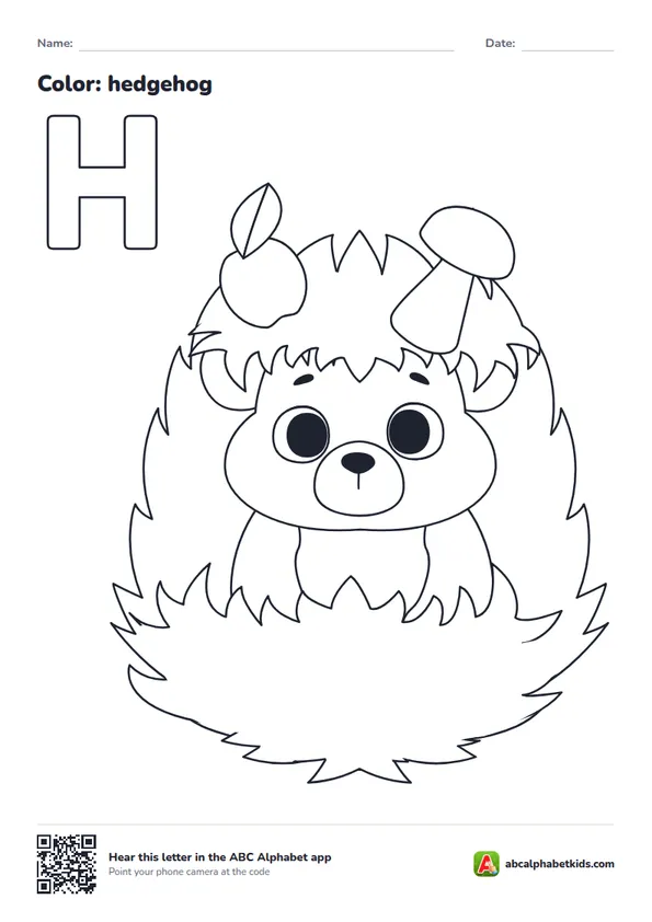 Letter H coloring page with a hedgehog