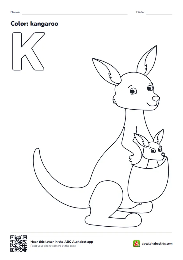 Letter K coloring page with a kangaroo