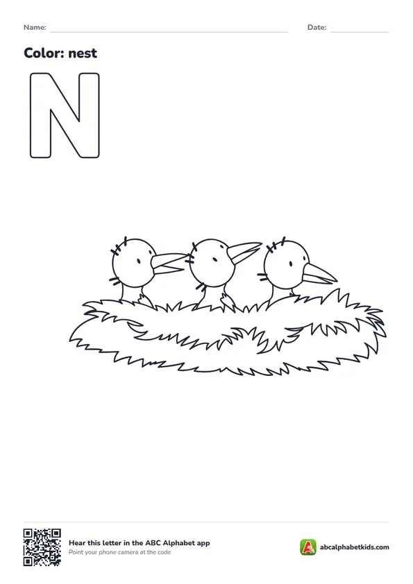 Letter N coloring page with a nest