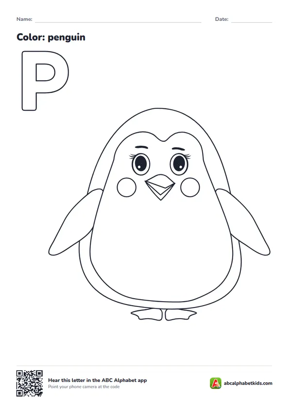 Letter P coloring page with a penguin