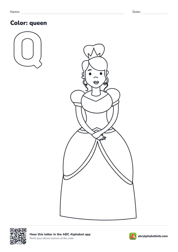 Letter Q coloring page with a queen