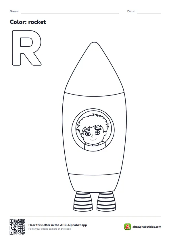Letter R coloring page with a rocket