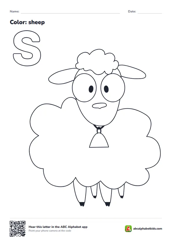 Letter S coloring page with a sheep