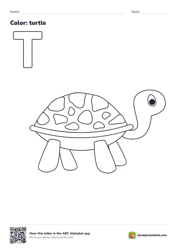 Letter T coloring page with a turtle