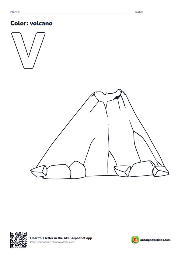 Letter V coloring page with a volcano