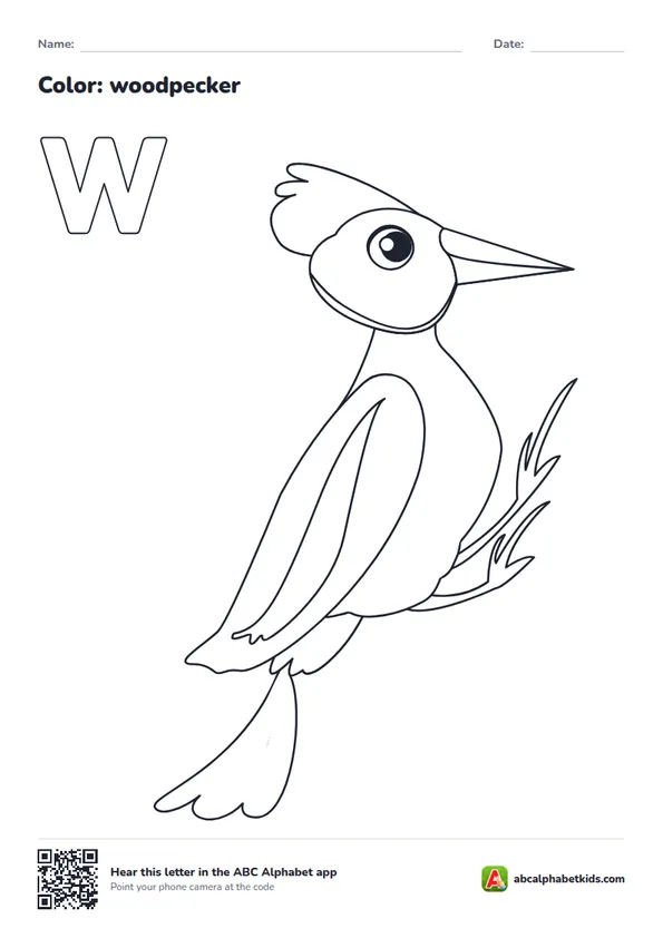 Letter W coloring page with a woodpecker