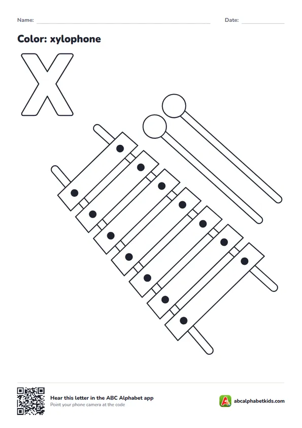 Letter X coloring page with a xylophone