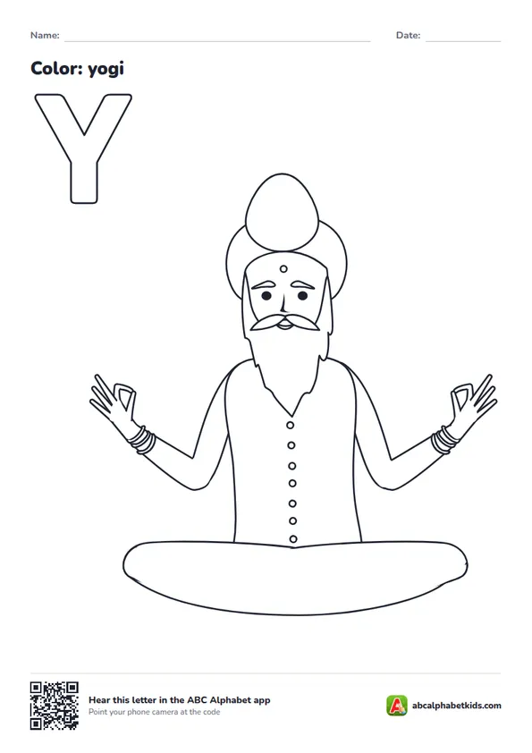 Letter Y coloring page with a yogi