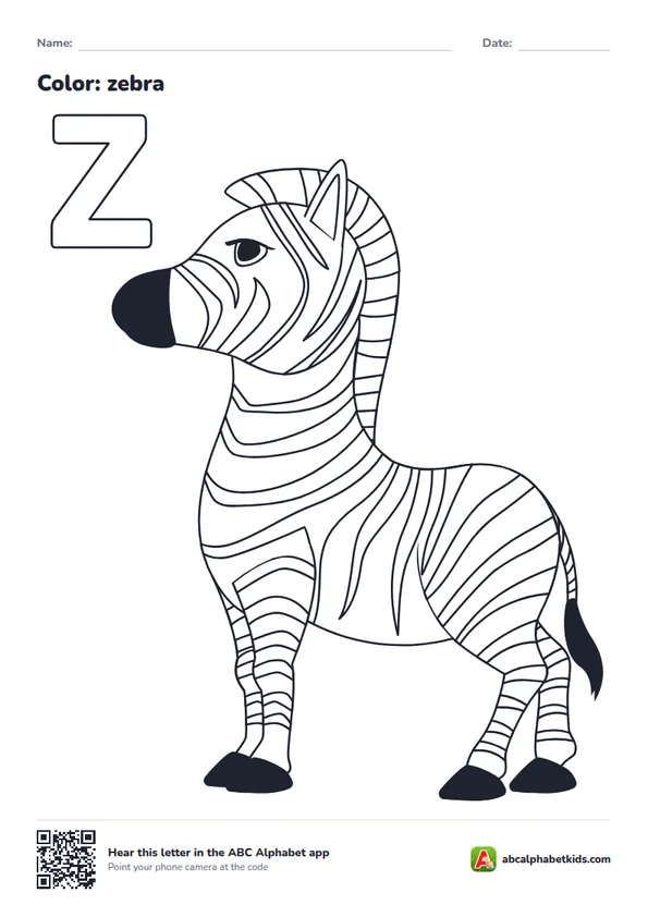 Letter Z coloring page with a zebra