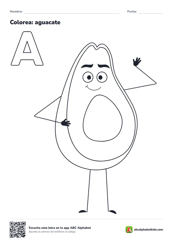 Dibujo para colorear de la letra A con aguacate