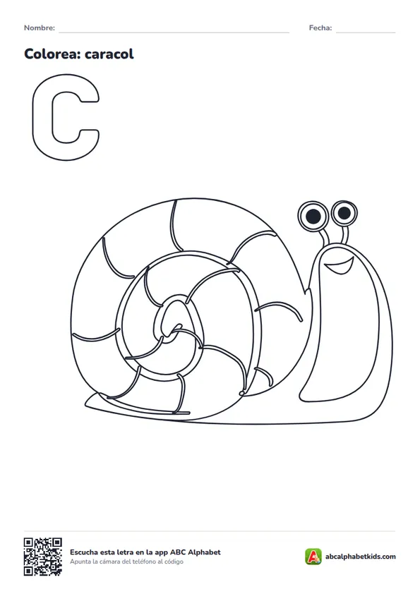 Dibujo para colorear de la letra C con caracol