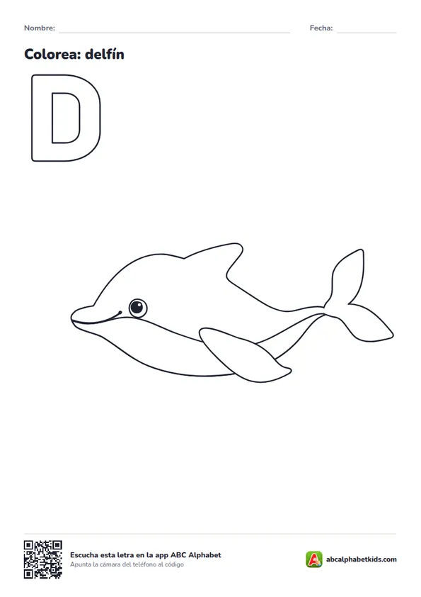 Dibujo para colorear de la letra D con delfín