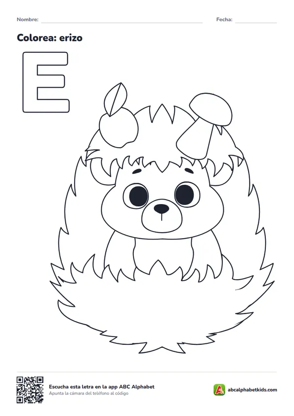 Dibujo para colorear de la letra E con erizo