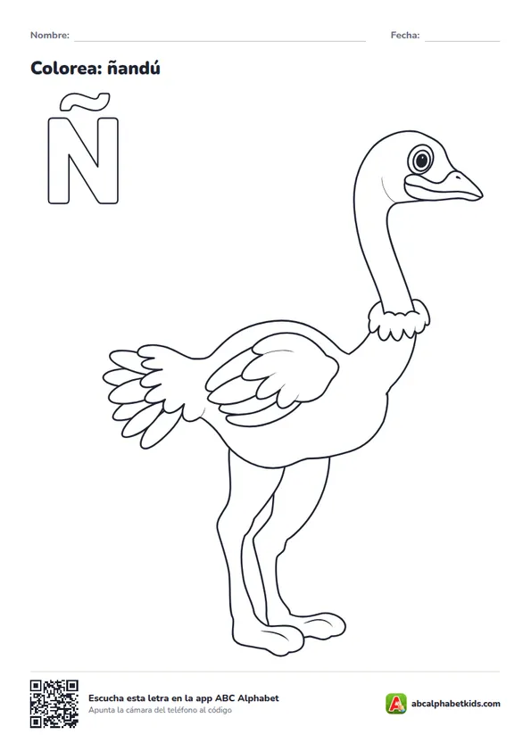Dibujo para colorear de la letra Ñ con ñandú