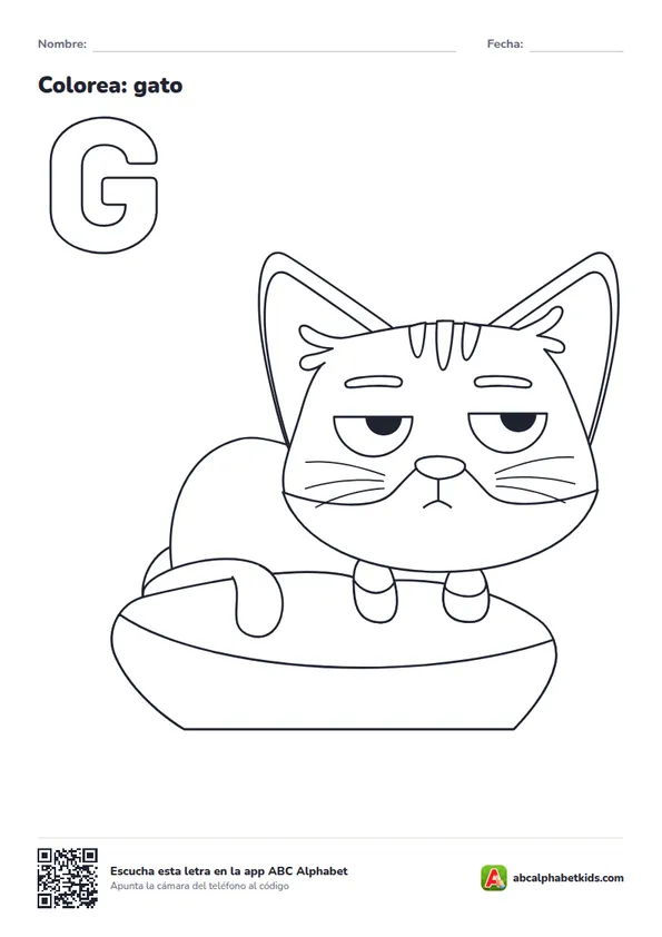 Dibujo para colorear de la letra G con gato