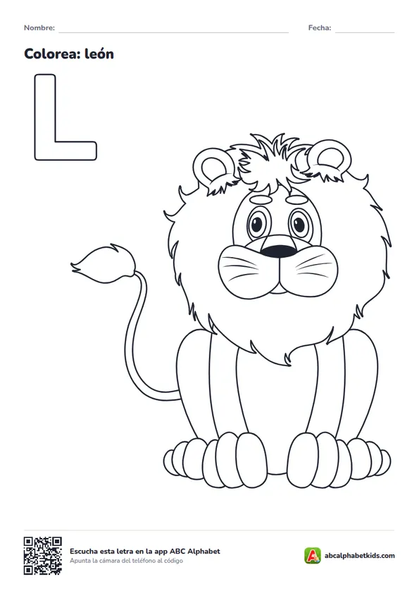 Dibujo para colorear de la letra L con león