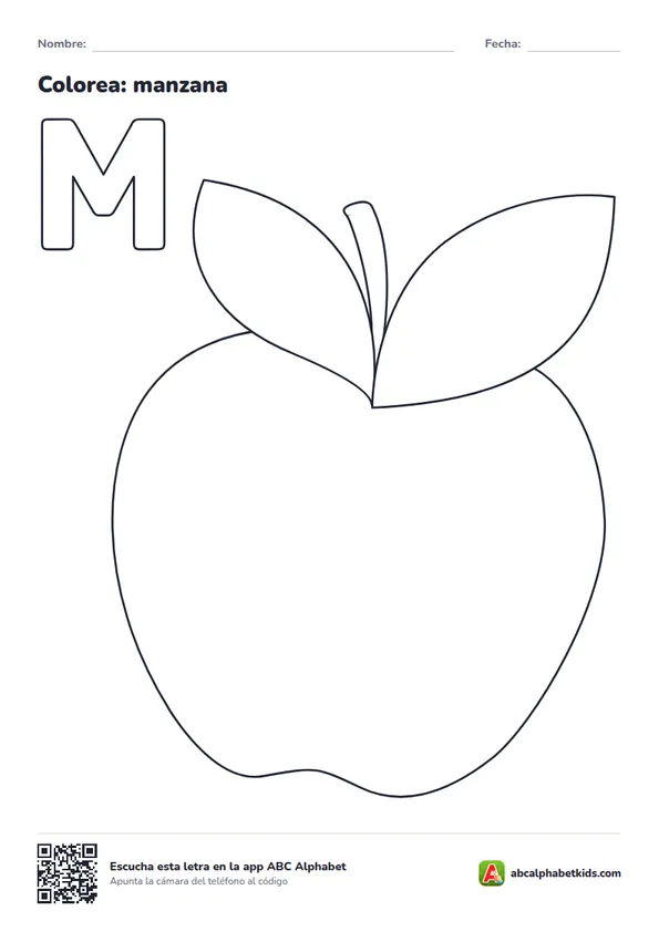 Dibujo para colorear de la letra M con manzana