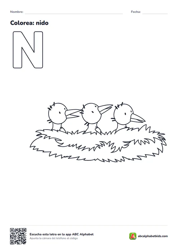Dibujo para colorear de la letra N con nido
