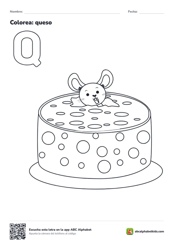Dibujo para colorear de la letra Q con queso