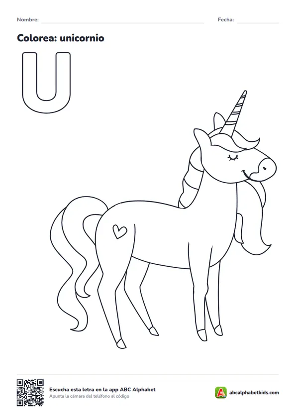 Dibujo para colorear de la letra U con unicornio