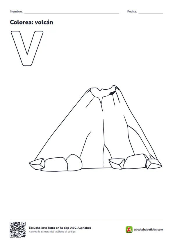 Dibujo para colorear de la letra V con volcán