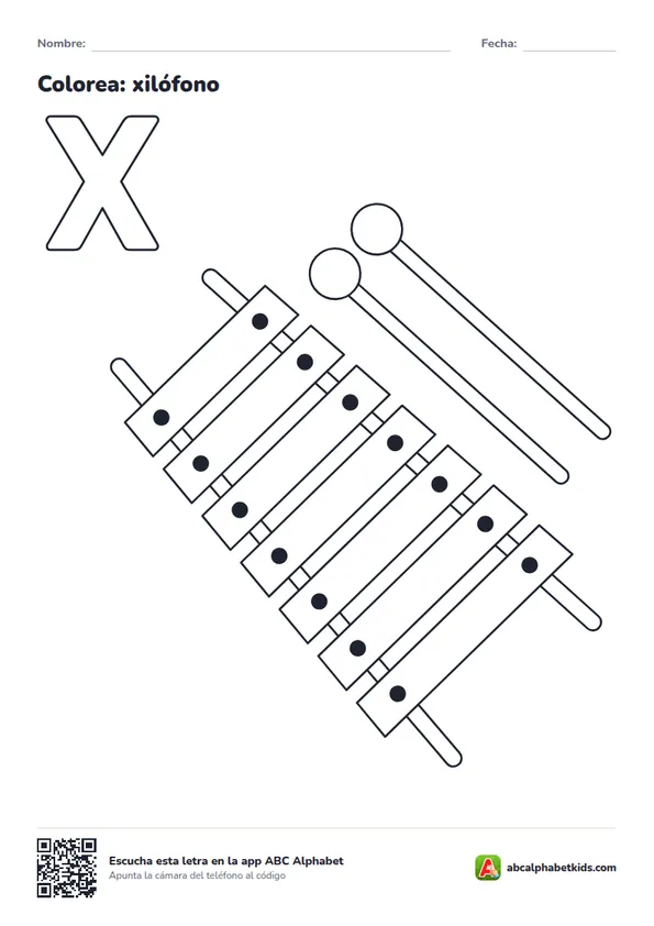 Dibujo para colorear de la letra X con xilófono