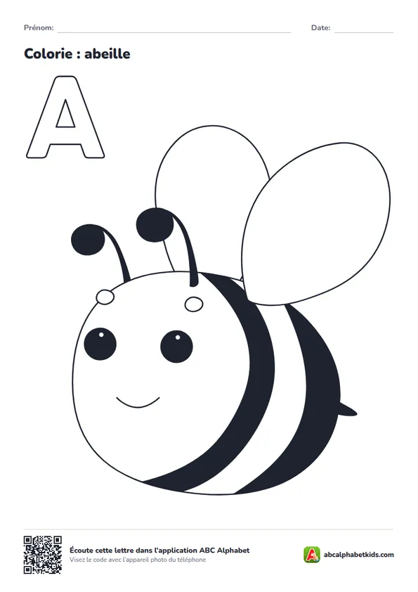 Coloriage de la lettre A avec abeille