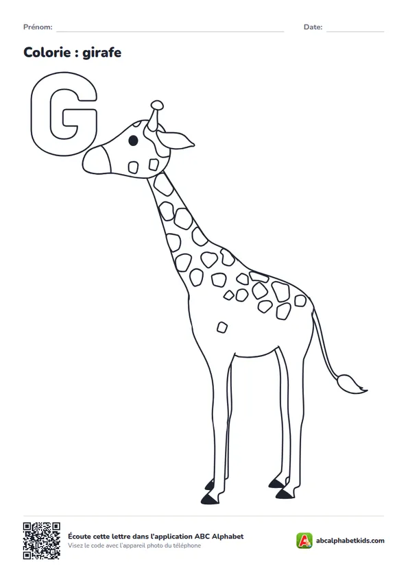 Coloriage de la lettre G avec girafe