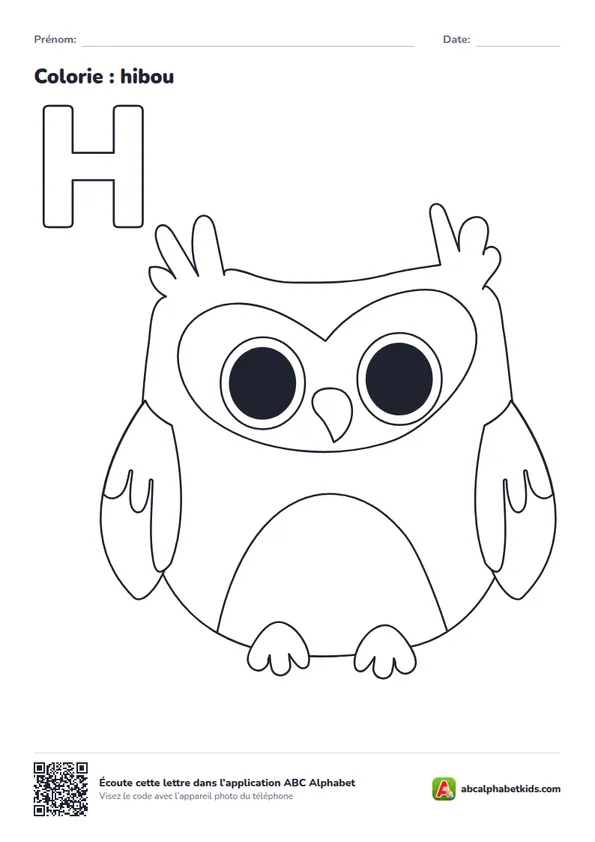 Coloriage de la lettre H avec hibou