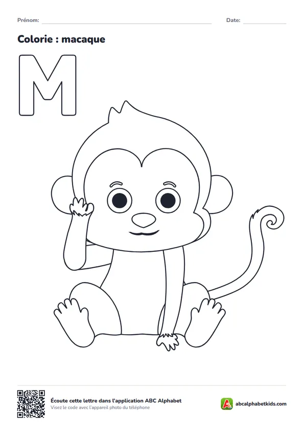 Coloriage de la lettre M avec macaque