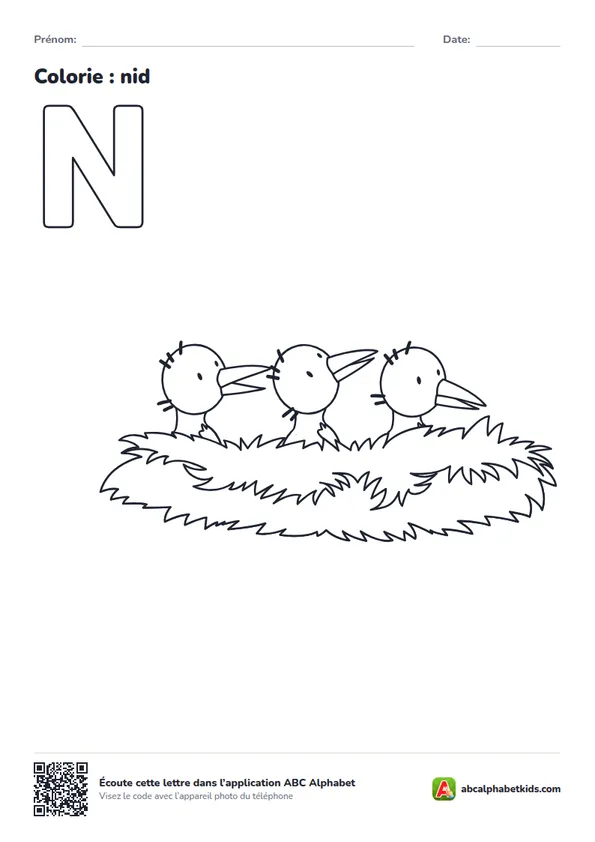 Coloriage de la lettre N avec nid