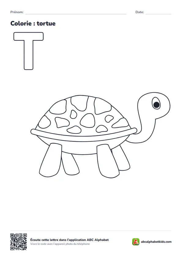 Coloriage de la lettre T avec tortue