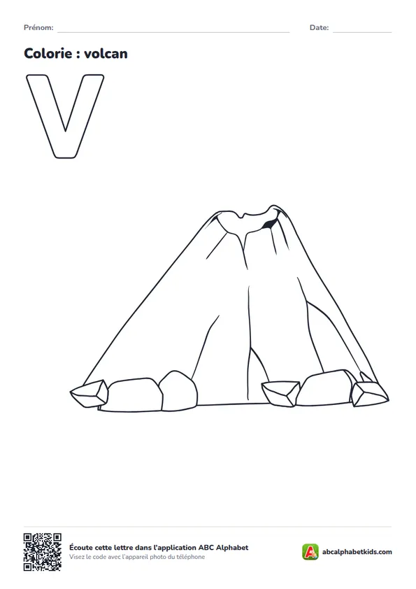 Coloriage de la lettre V avec volcan