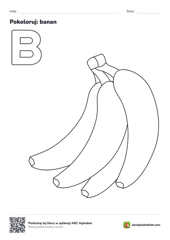 Kolorowanka z literą B, obrazek: banan
